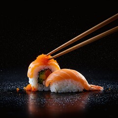 Delicious Salmon Sushi and Maki Roll with Chopsticks.