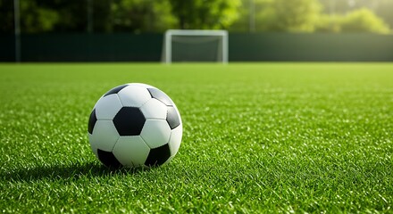Fototapeta premium Soccer Ball on Lush Green Field with Goal in Background, Sunny Day.