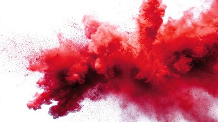 Dynamic burst of vibrant red particles dispersing energetically against a stark white background,