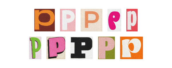 Colorful letter P collage from magazine clippings, isolated transparent PNG
