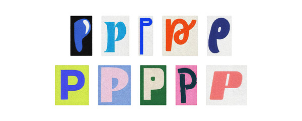 Vintage and modern letter P tiles, magazine collage on transparent PNG
