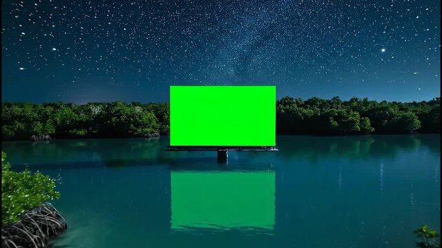 Green screen display in water at night with stars