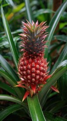 Fototapeta premium A vibrant red pineapple growing among green, long leaves, showcasing nature's beauty and fresh produce