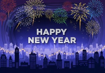 Naklejka premium Happy New Year - Spectacular Fireworks over a City Skyline
