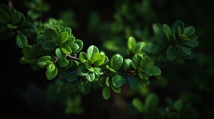 A close-up of vibrant green leaves on a plant branch,