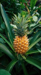 Obraz premium Close-up of a small pineapple growing with green spiky leaves and vibrant yellow fruit