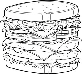 Giant Layered Sandwich Outline for Coloring Books - Stacked Deli Food Illustration for Kids