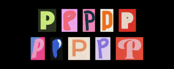 Assorted letter P typography styles, paper cutouts on black background
