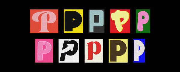 Assorted letter P typography styles, paper cutouts on black background
