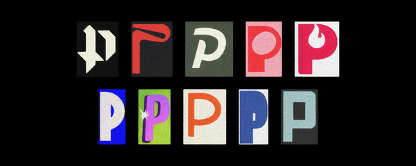 Assorted letter P typography styles, paper cutouts on black background
