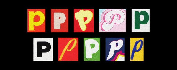 Vintage and modern letter P tiles collection, collage on black background
