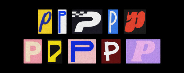 Bold letter P collection in varied fonts, magazine collage on black
