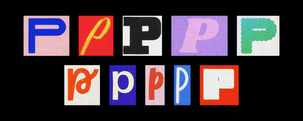 Bold letter P collection in varied fonts, magazine collage on black
