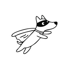 Playful Superdog Taking Off. An adorable animal character wearing a mask and cape, soaring through the air. Represents innocence, imagination, and aspirational fun.