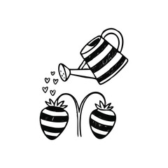 Nurturing Hearts Watering Strawberries. A charming doodle shows a striped watering vessel showering affection as heart shapes cultivate sweet berries. Symbolizes love's gentle care and flourishing.