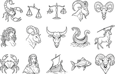 Hand-Drawn Zodiac Signs Vector Illustration Set, Astrology Symbols and Figures in Engraving Line Art Style, Great for Horoscope, Mysticism, and Esoteric Design