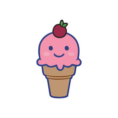Happy Pink Ice Cream Cone Sweet Treat. This cheerful cartoon dessert captures the joy of summer. A delightful frozen scoop with a berry topping symbolizes warmth and childlike happiness.