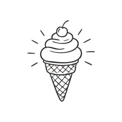 Hand Drawn Ice Cream Cone Doodle. Charming sketch of a frosty dessert in a waffle cone topped with a cherry. Evokes feelings of summer joy and sweet indulgence.