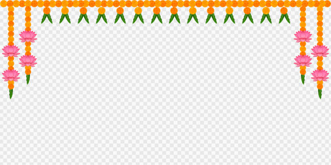 Marigold, Dhanteras. Marigold Flower. Garlands Decoration, Durga Puja, Onam. Vector marigold. Karwa Chauth. Garlands Decor, Durga Puja Sale, Frame. Ganesh Chaturthi, Border, Navratri. Saraswati puja, 