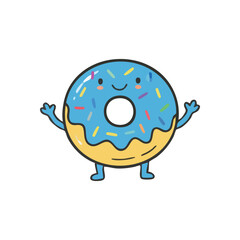 Happy Cartoon Donut with Sprinkles. A delightful blue frosted pastry character with colorful sprinkles, radiating joy. Perfect for sweet and playful designs.
