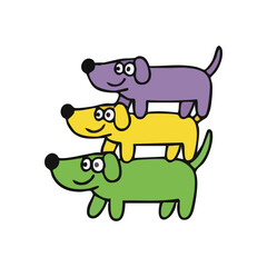 Friendly Dog Tower Fun. A cheerful illustration featuring three adorable colorful pets stacked forming a vibrant pyramid. This image symbolizes teamwork, support, and friendship.
