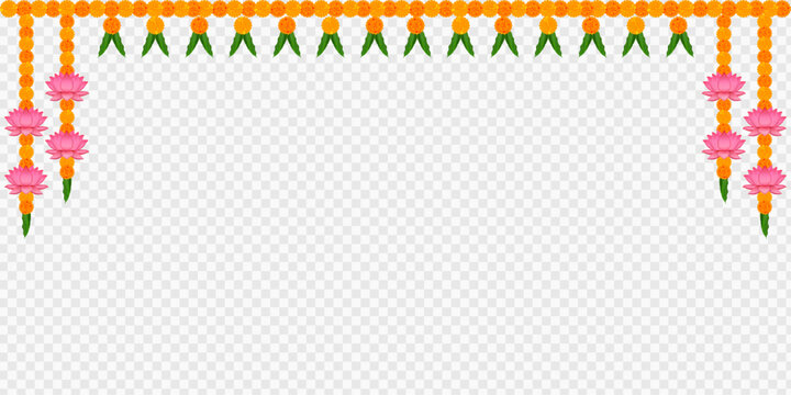 Marigold, Dhanteras. Marigold Flower. Garlands Decoration, Durga Puja, Onam. Vector marigold. Karwa Chauth. Garlands Decor, Durga Puja Sale, Frame. Ganesh Chaturthi, Border, Navratri. Saraswati puja, 