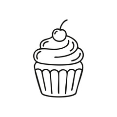 Cupcake Dessert Line Art Doodle. Minimalist outline drawing of a delicious dessert treat topped with a cherry. This sweet graphic symbolizes simple pleasures and celebratory moments.