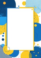 White rectangle framed in yellow, set against a backdrop of overlapping blue and yellow circles, dots, and diagonal stripes on a white background