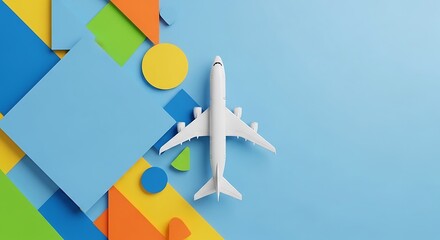 A top-down view of a white airplane model placed on a backdrop of colorful geometric shapes