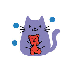 Purple Kitty Hugging Gummy Treat. Cute feline embraces a delightful, small crimson candy bear, symbolizing warmth and playful contentment. Ideal for lovely designs.