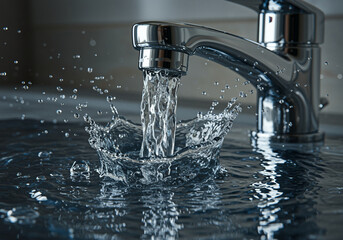 Water pouring from faucet creating splash and reflecting light indoors