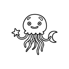 Cute Jellyfish Star Moon Drawing. Adorable sea creature illustration featuring a happy jellyfish holding celestial objects, symbolizing dreams and wonder.