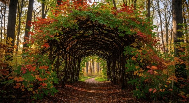 Enchanted forest pathway leading through a stunning natural archway covered in vibrant autumn foliage and green vines under a bright canopy