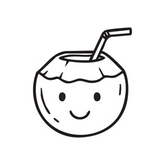 Happy Coconut Drink Illustration. This charming outline drawing depicts a joyful exotic fruit beverage with a straw, symbolizing delightful summer vibes and refreshing island moments.