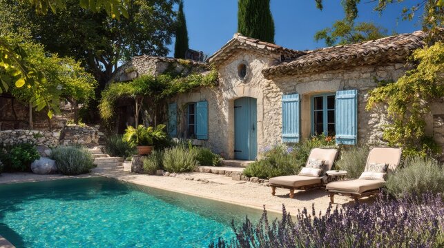 A tranquil scene featuring a beautiful stone house with blue shutters beside a clear pool. Lush greenery surrounds the area creating a relaxing garden atmosphere on a sunny day.