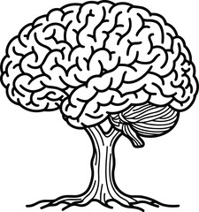 Human Brain as a Tree Line Art Vector Illustration, Concept of Mind Growth, Mental Health, Education, Knowledge, and Cognitive Psychology Graphic Design