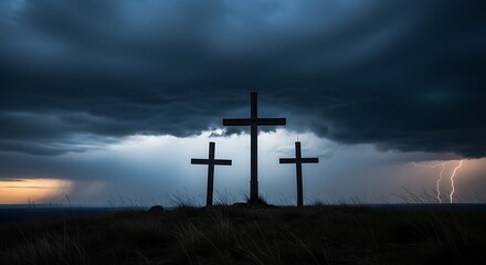 Naklejka premium Religious Crosses Under Stormy Sky.