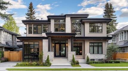 Fototapeta premium A modern two-story detached house featuring beige brick and wood paneling, large windows,