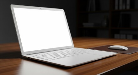 Fototapeta premium Sleek laptop sits open on a wooden desk in a dimly lit office, showcasing a blank white screen ready for work, creating a modern and professional atmosphere.