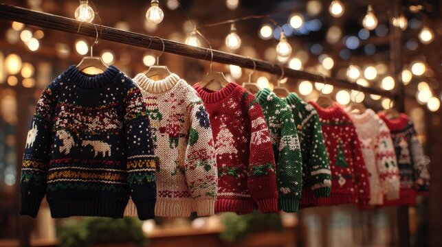 assortment of festive christmas sweaters for kids hanging on a display rack with holiday lights