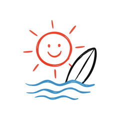 Joyful Summer Sun and Surf Art. A vibrant doodle featuring a contented sun, ocean waves, and a surfboard, symbolizing joyous warm weather adventures and relaxation by the sea.