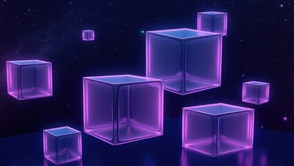 Floating translucent cubes glow with vibrant neon pink edges against a dark blue, starry background, creating a futuristic and abstract composition that evokes a sense of wonder.