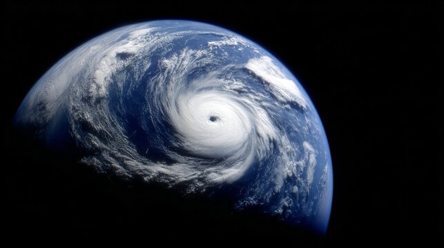 Earth viewed from space showcasing a massive cyclone over the ocean with spiral rainbands indicating strong atmospheric 