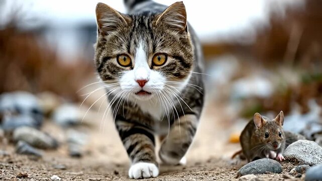 Cat and mouse encounter in the garden. A curious cat approaches a small mouse on a garden path surrounded by pebbles and foliage during daytime.