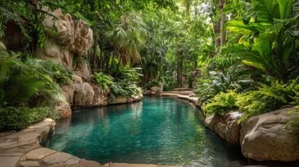 Naklejka premium A serene pool nestled in a vibrant tropical garden features lush plants and rocky formations. The clear water reflects sunlight creating a tranquil escape perfect for relaxation.