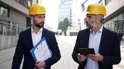 Two Professional Engineers in Hard Hats Discussing Building Plans Outdoors.