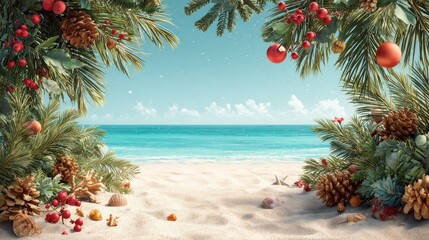 christmas in july sale announcement template with holiday decorations on a beach background summertime festive promotion featuring tropical imagery ideal for online advertising