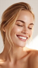 blonde woman's face smiling, her eyes are closed and show perfect teeth, showcasing stunning, clean, and clear skin