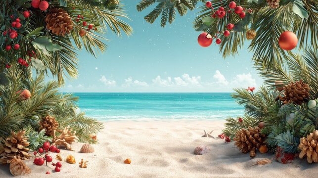 christmas in july sale announcement template with holiday decorations on a beach background summertime festive promotion featuring tropical imagery ideal for online advertising
