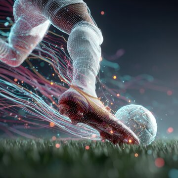Fototapeta Close-up digital illustration of a soccer player's foot striking a ball, with glowing lines representing movement and energy